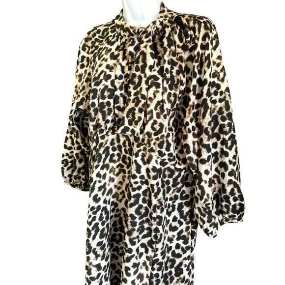 Calvin Klein Leopard Print Midi Dress Neck TIe Empire Waist Dress Mock Neck - Picture 3 of 6